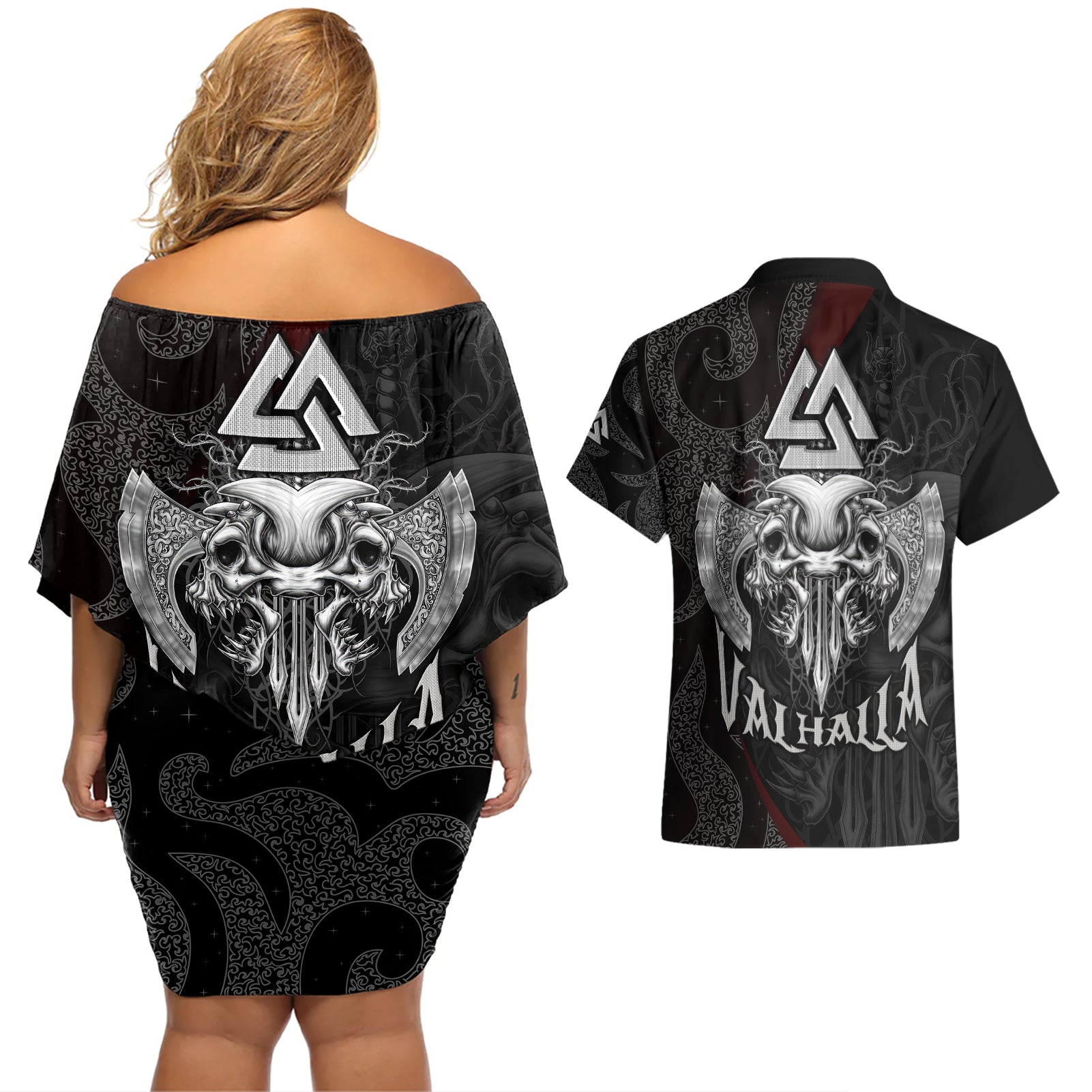 Viking Valhalla Couples Matching Off Shoulder Short Dress and Hawaiian Shirt Skull And Axe - Wonder Print Shop