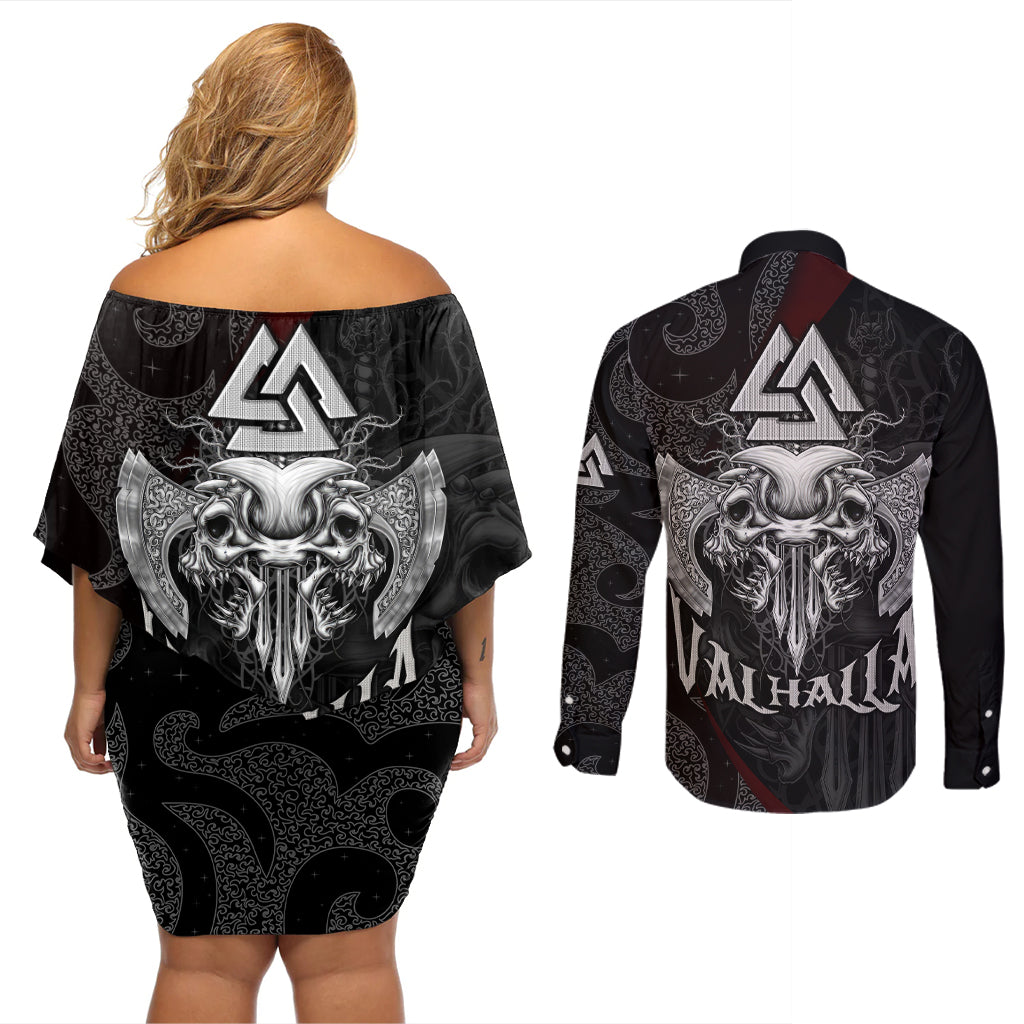 Viking Valhalla Couples Matching Off Shoulder Short Dress and Long Sleeve Button Shirts Skull And Axe - Wonder Print Shop