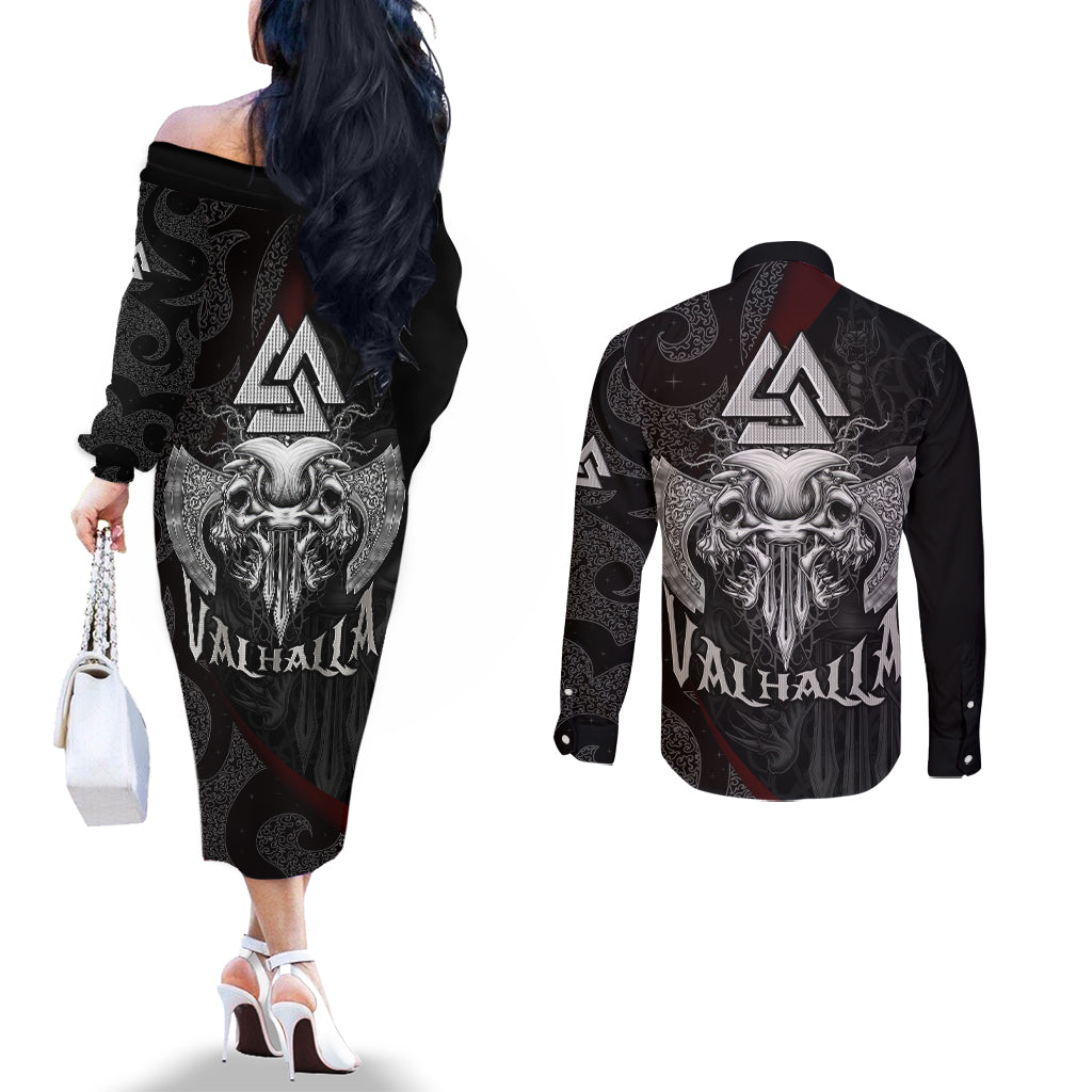 viking-valhalla-couples-matching-off-the-shoulder-long-sleeve-dress-and-long-sleeve-button-shirts-skull-and-axe