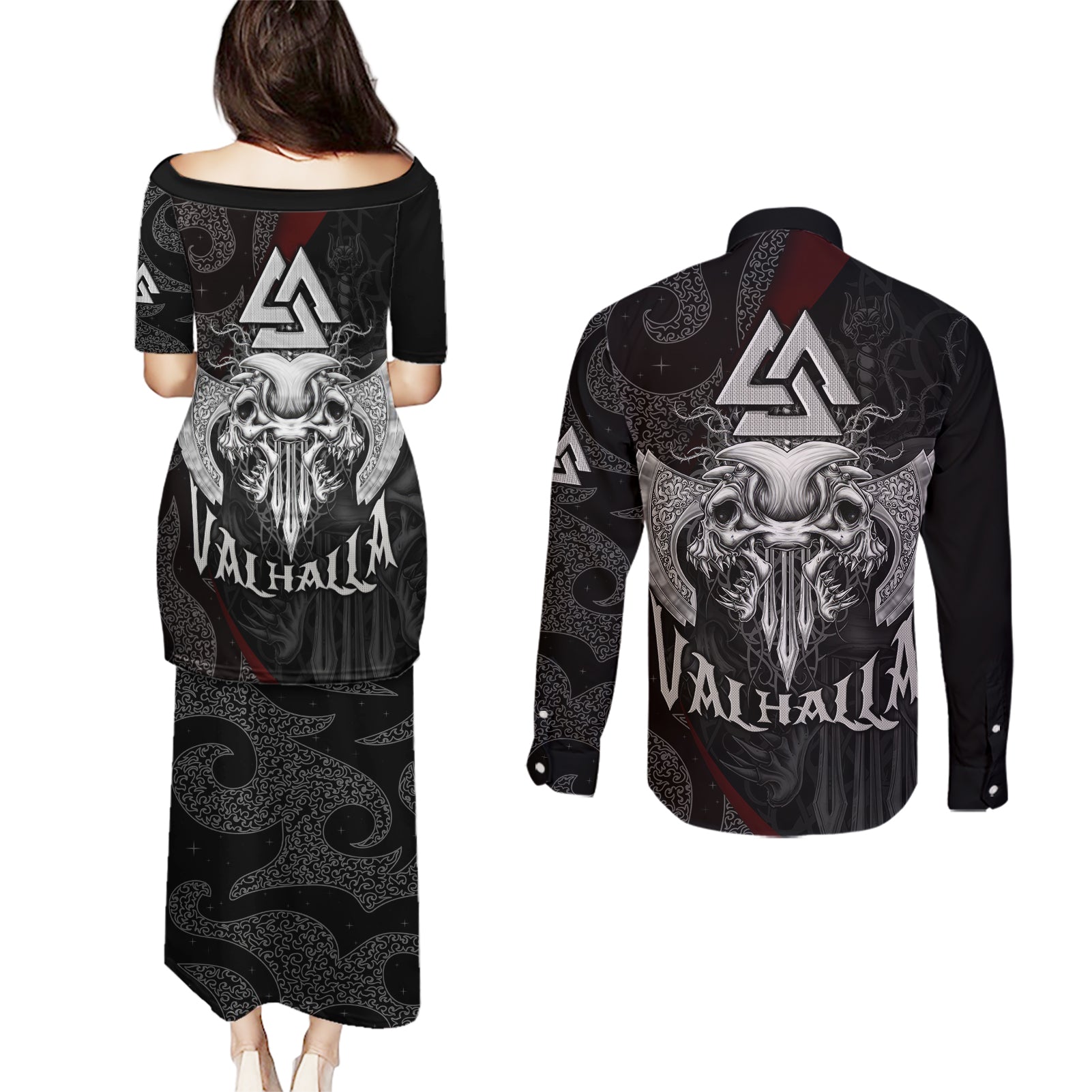 Viking Valhalla Couples Matching Puletasi Dress and Long Sleeve Button Shirts Skull And Axe - Wonder Print Shop