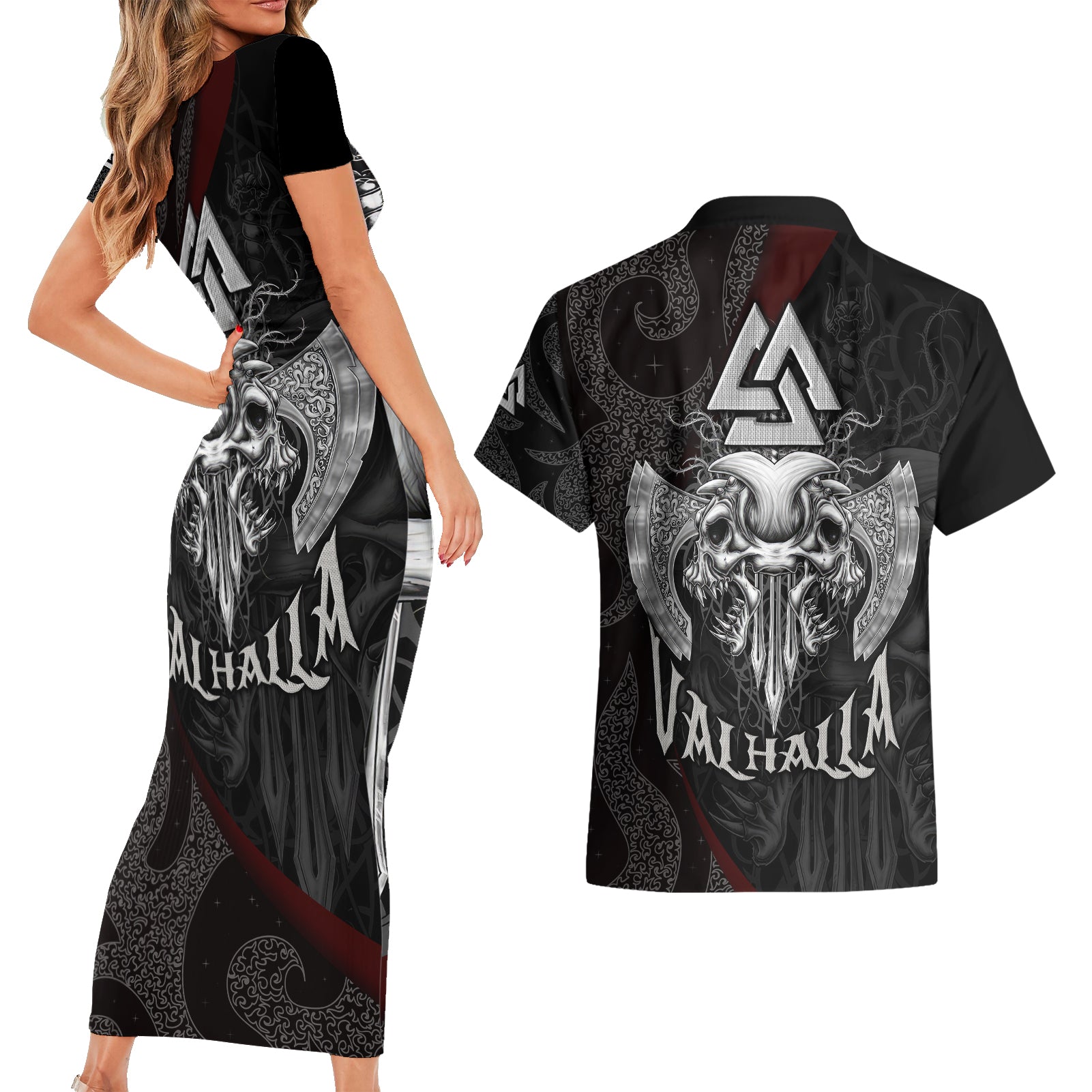 Viking Valhalla Couples Matching Short Sleeve Bodycon Dress and Hawaiian Shirt Skull And Axe - Wonder Print Shop