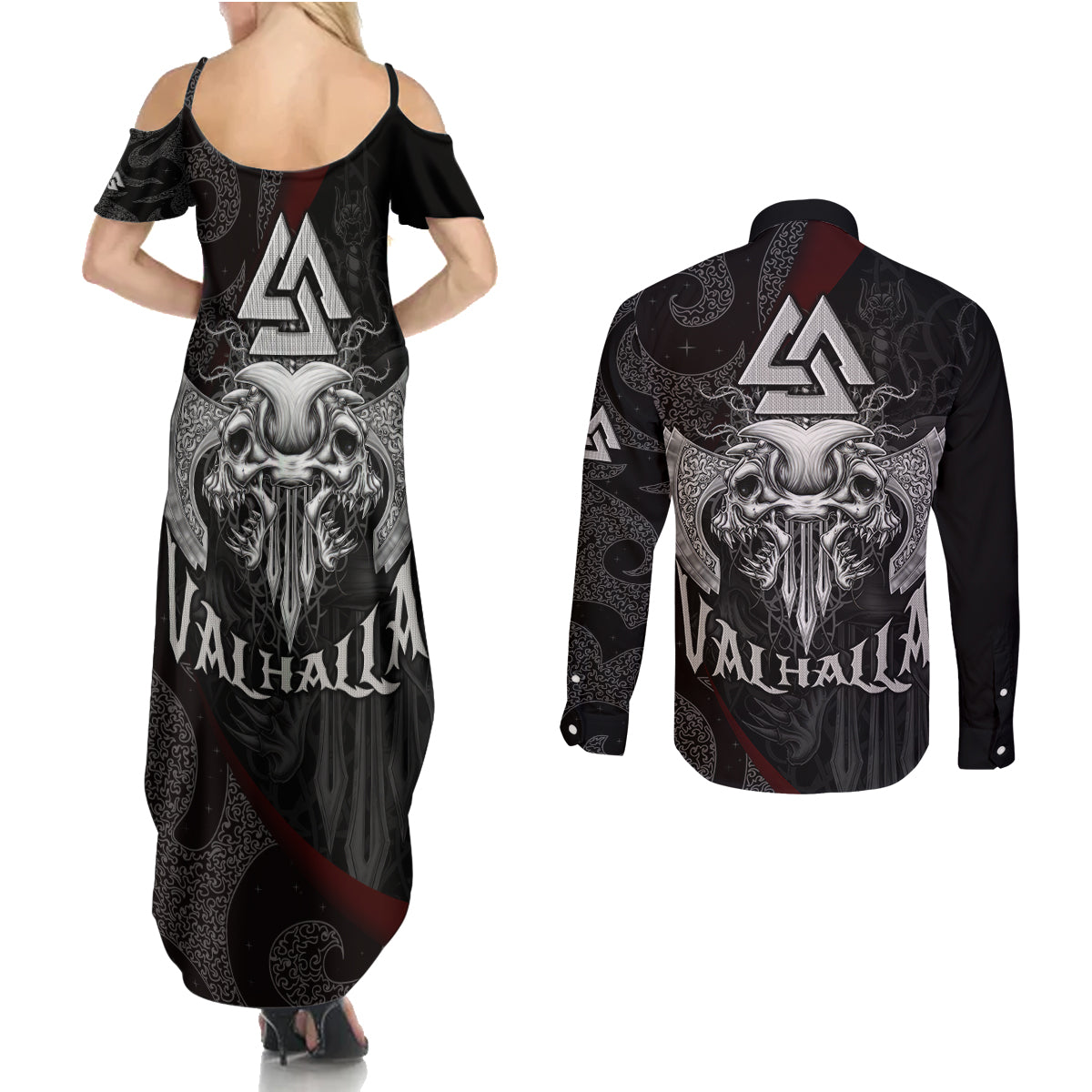 Viking Valhalla Couples Matching Summer Maxi Dress and Long Sleeve Button Shirts Skull And Axe - Wonder Print Shop