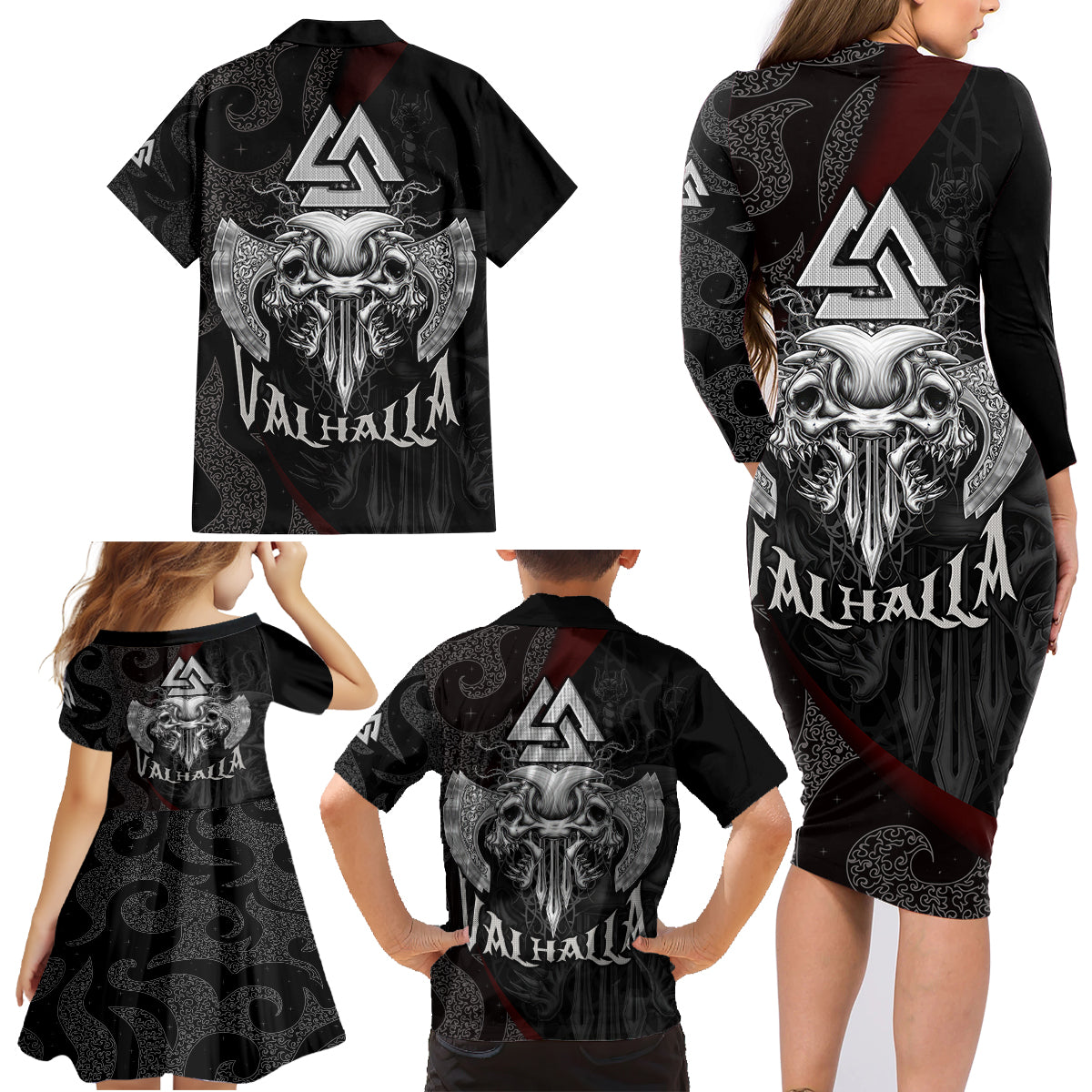 Viking Valhalla Family Matching Long Sleeve Bodycon Dress and Hawaiian Shirt Skull And Axe - Wonder Print Shop