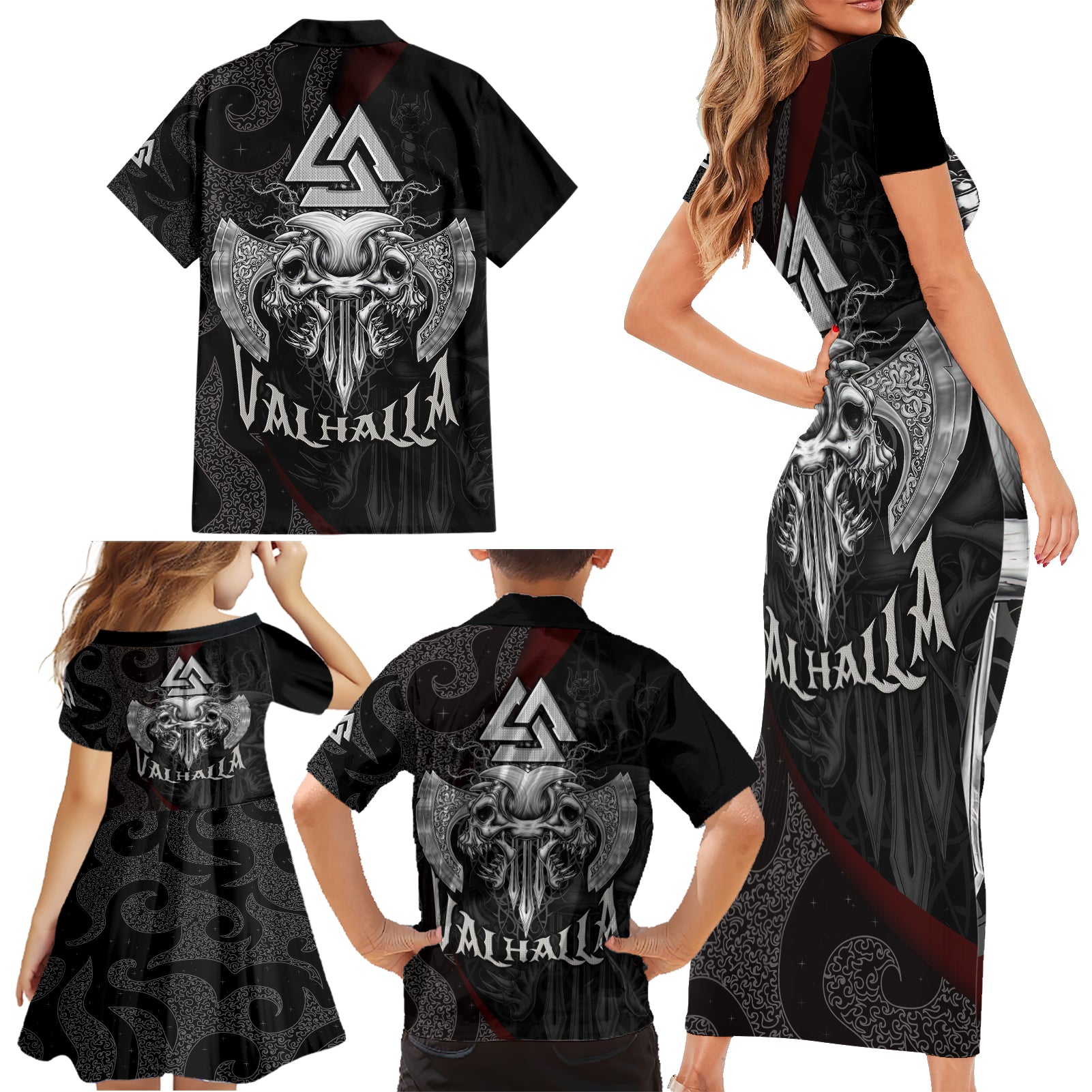 Viking Valhalla Family Matching Short Sleeve Bodycon Dress and Hawaiian Shirt Skull And Axe - Wonder Print Shop