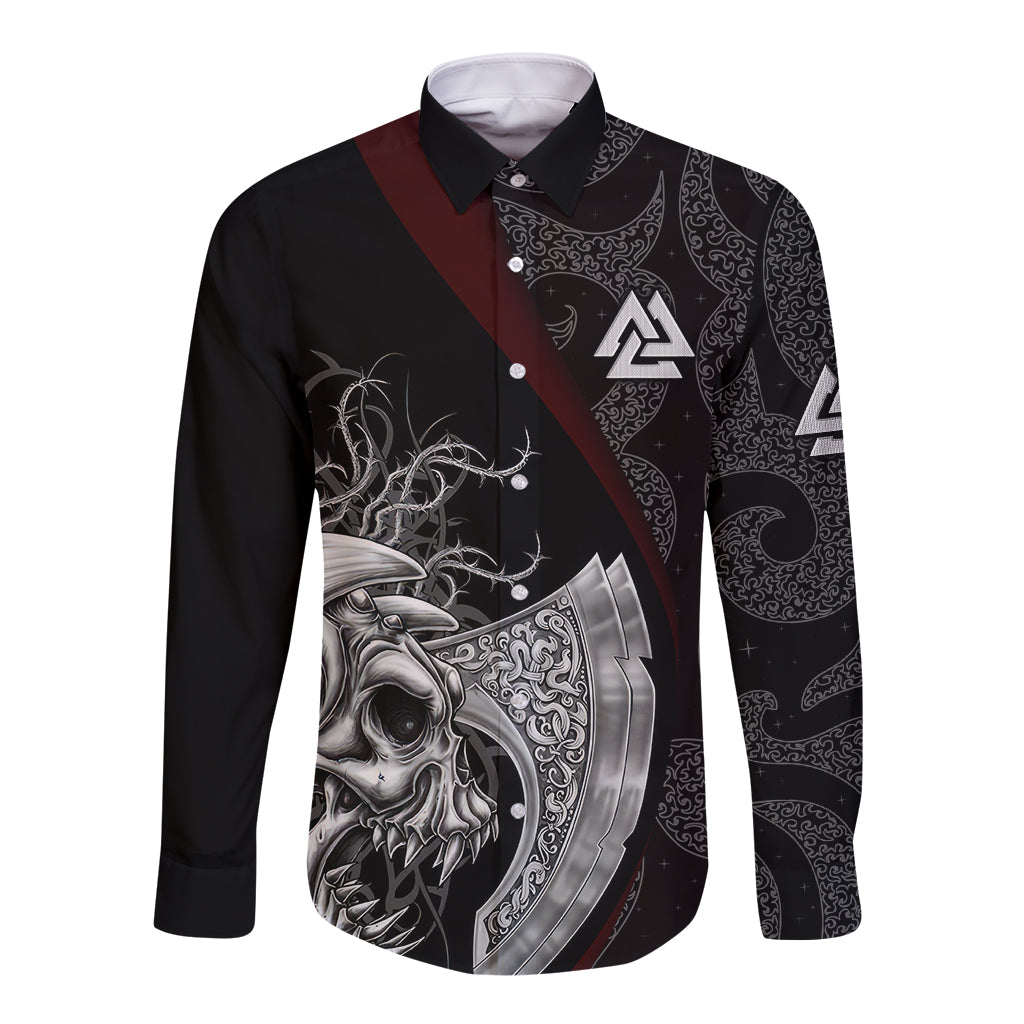 Long-sleeve button shirt, black with Viking skull and shield front graphic in gray