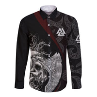 Long-sleeve button shirt, black with Viking skull and shield front graphic in gray