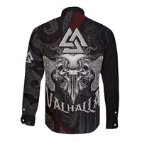 Long-sleeve button shirt, black with skull and Viking axe back graphic in gray