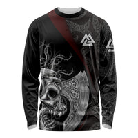 Unisex long sleeve shirt with black Viking skull artwork, geometric runes, red diagonal stripe
