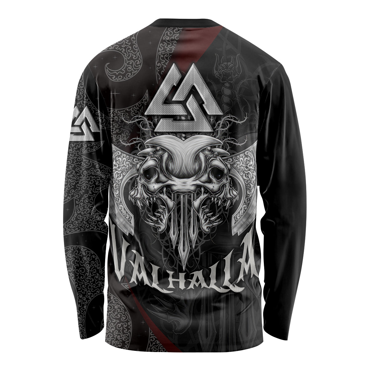 Unisex long sleeve shirt with black Viking skull graphic and axe, red accents