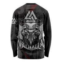 Unisex long sleeve shirt with black Viking skull graphic and axe, red accents