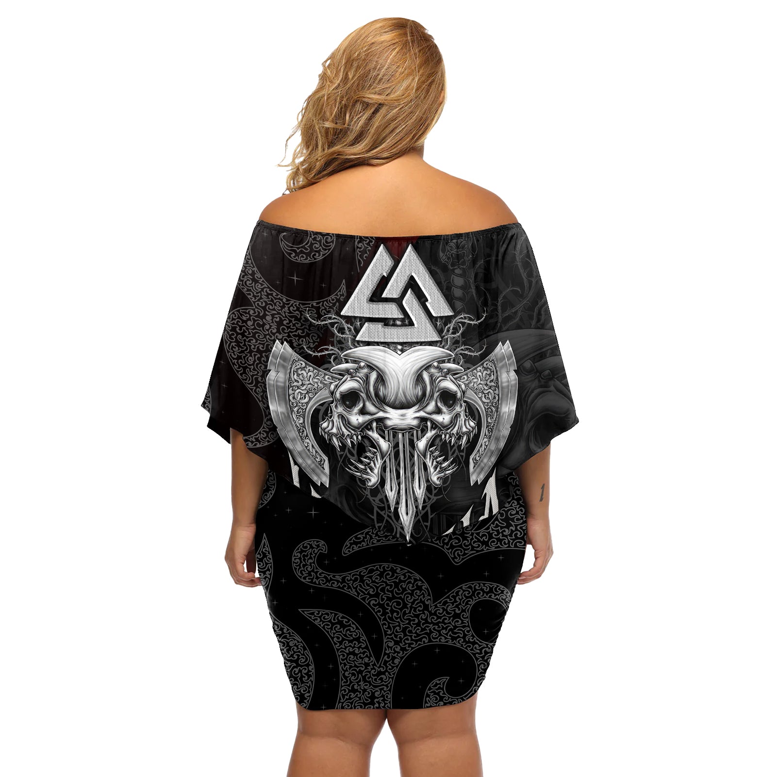 Viking Valhalla Off Shoulder Short Dress Skull And Axe - Wonder Print Shop