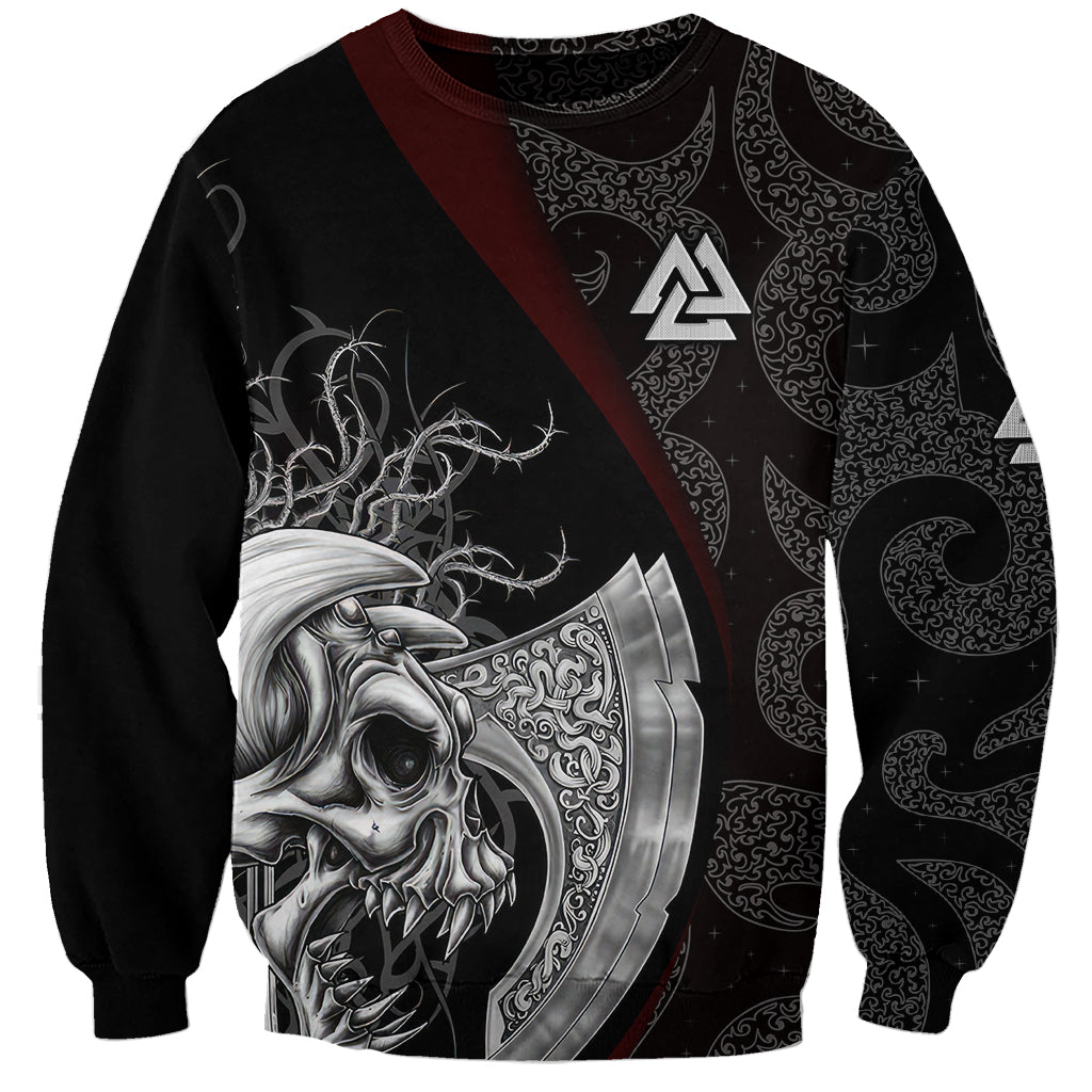 Viking-style sweatshirt with skull-and-axe artwork, dark pattern, and maroon diagonal stripe