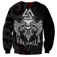 Viking-style sweatshirt with large skull graphic, axe emblem, and patterned background print