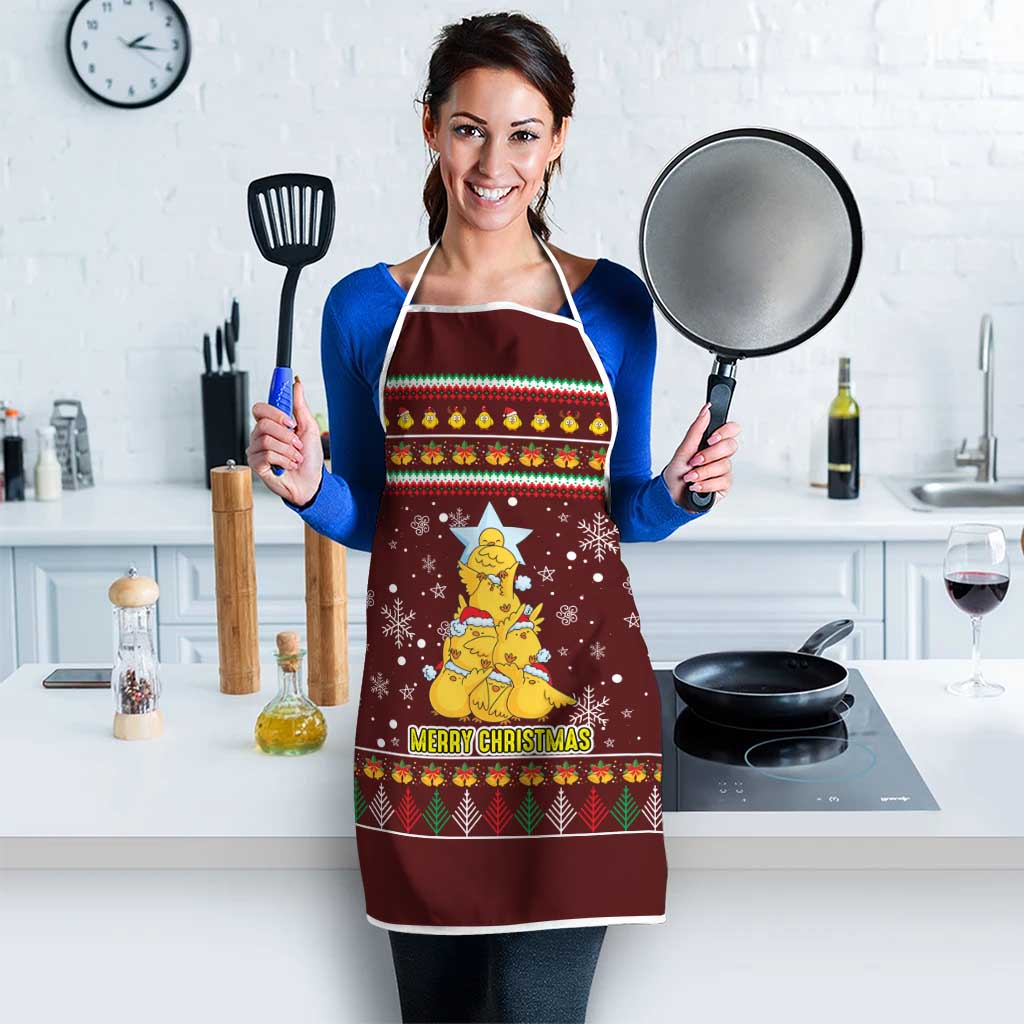 Merry Chickmas Christmas Apron with Yellow Chickens Tree Design and Snowflake Pattern - Wonder Print Shop