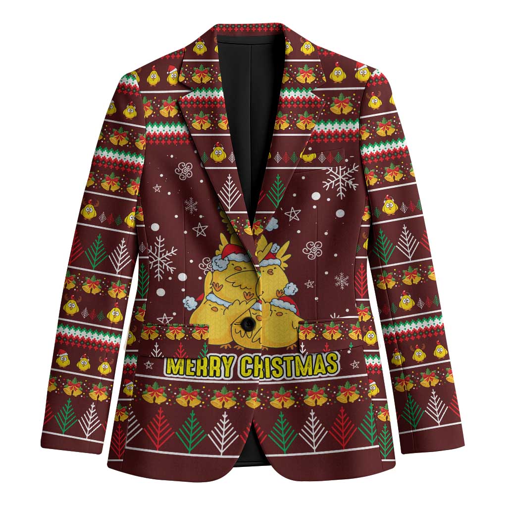 Merry Chickmas Christmas Blazer with Yellow Chickens Tree Design and Snowflake Pattern - Wonder Print Shop