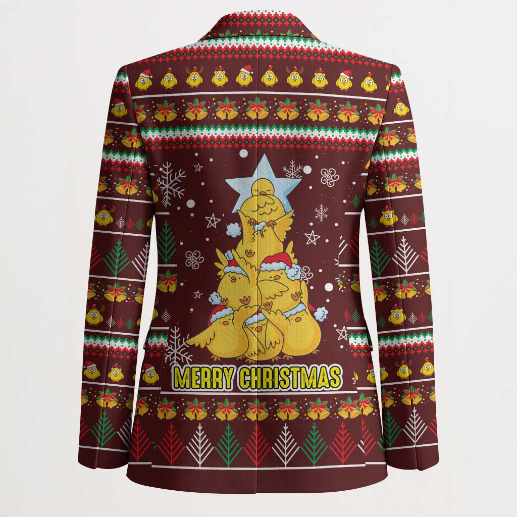 Merry Chickmas Christmas Blazer with Yellow Chickens Tree Design and Snowflake Pattern - Wonder Print Shop