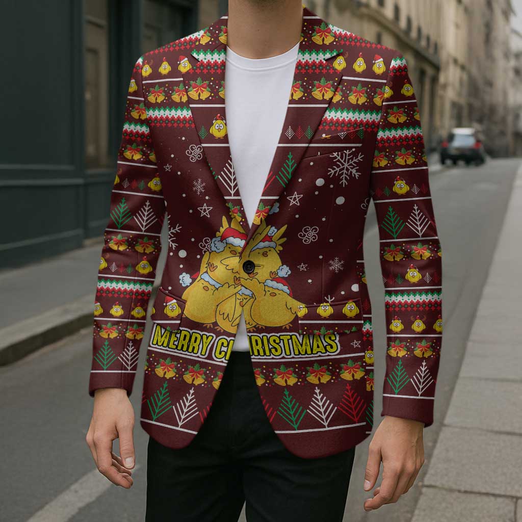Merry Chickmas Christmas Blazer with Yellow Chickens Tree Design and Snowflake Pattern - Wonder Print Shop