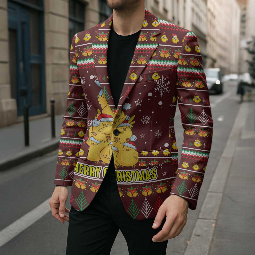 Merry Chickmas Christmas Blazer with Yellow Chickens Tree Design and Snowflake Pattern - Wonder Print Shop