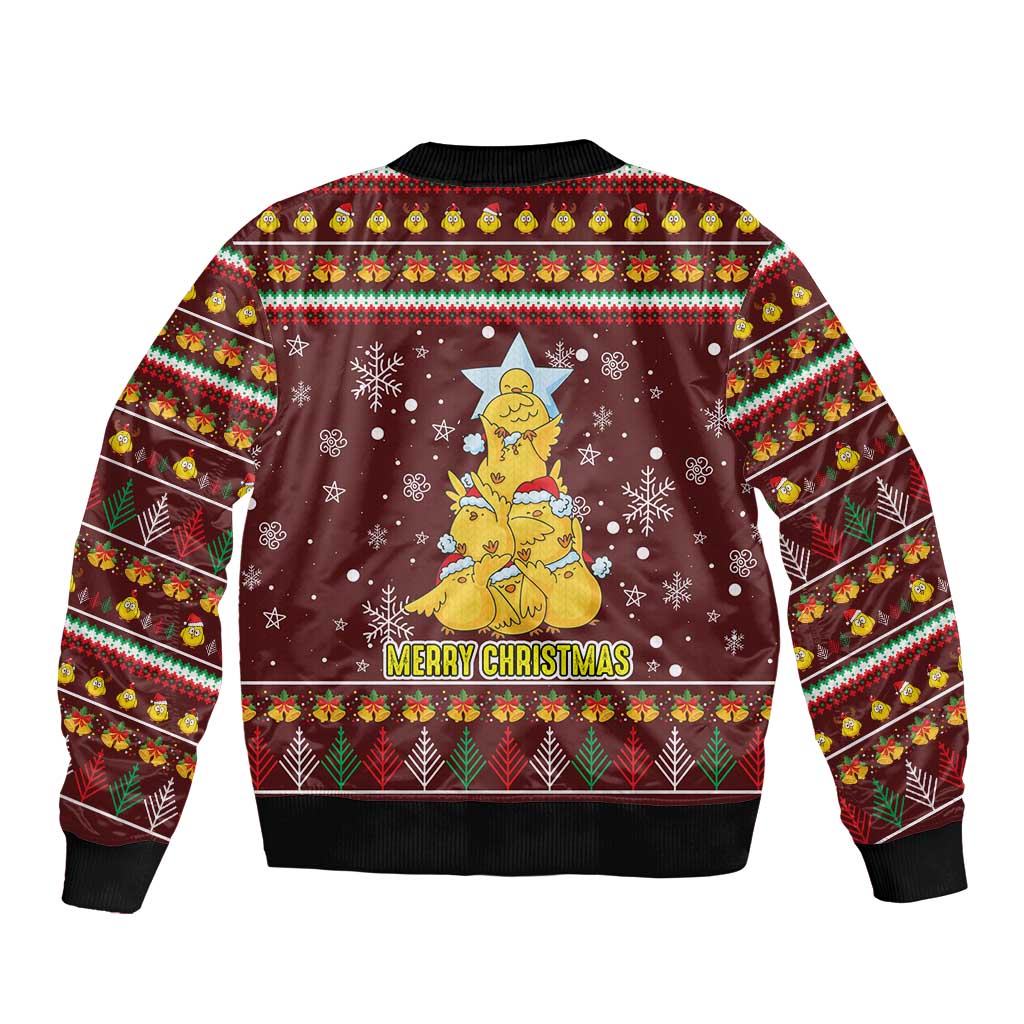 Merry Chickmas Christmas Bomber Jacket with Yellow Chickens Tree Design and Snowflake Pattern - Wonder Print Shop