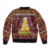 Merry Chickmas Christmas Bomber Jacket with Yellow Chickens Tree Design and Snowflake Pattern - Wonder Print Shop