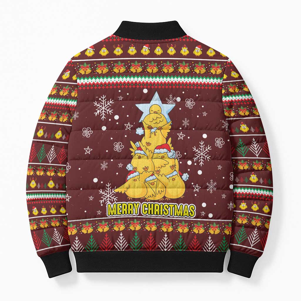 Merry Chickmas Christmas Bomber Puffer Jacket with Yellow Chickens Tree Design and Snowflake Pattern - Wonder Print Shop