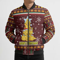 Merry Chickmas Christmas Bomber Puffer Jacket with Yellow Chickens Tree Design and Snowflake Pattern - Wonder Print Shop