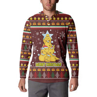 Merry Chickmas Christmas Button Sweatshirt with Yellow Chickens Tree Design and Snowflake Pattern - Wonder Print Shop