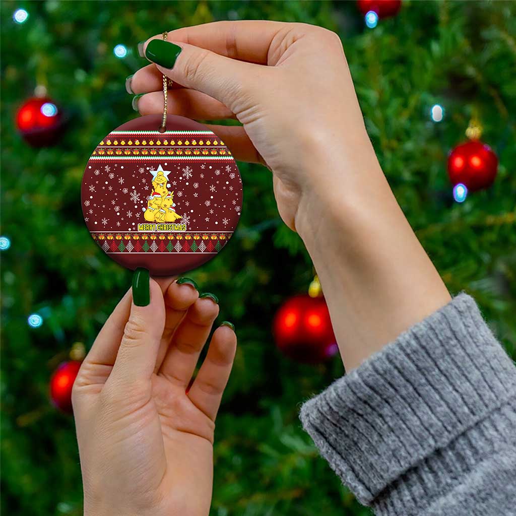 Merry Chickmas Christmas Ceramic Ornament with Yellow Chickens Tree Design and Snowflake Pattern - Wonder Print Shop
