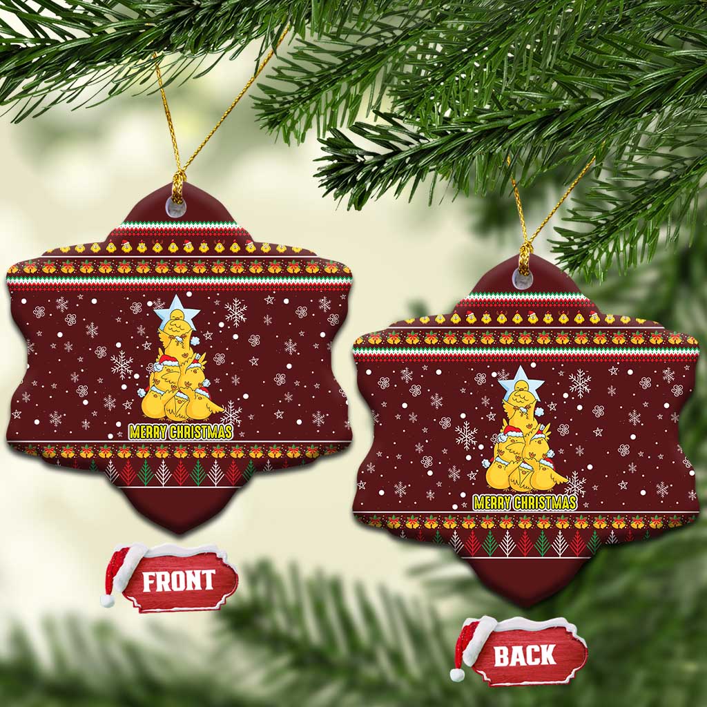 Merry Chickmas Christmas Ceramic Ornament with Yellow Chickens Tree Design and Snowflake Pattern - Wonder Print Shop