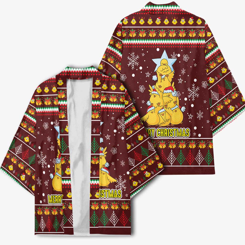 Merry Chickmas Christmas Kimono with Yellow Chickens Tree Design and Snowflake Pattern - Wonder Print Shop