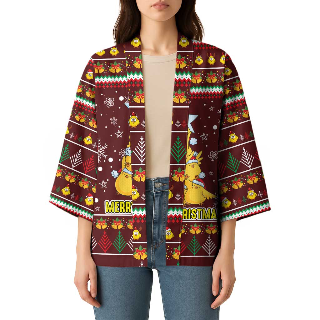 Merry Chickmas Christmas Kimono with Yellow Chickens Tree Design and Snowflake Pattern - Wonder Print Shop