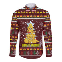 Merry Chickmas Christmas Long Sleeve Button Shirt with Yellow Chickens Tree Design and Snowflake Pattern - Wonder Print Shop