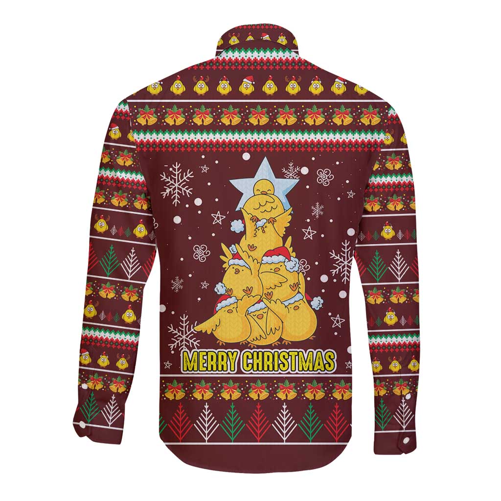 Merry Chickmas Christmas Long Sleeve Button Shirt with Yellow Chickens Tree Design and Snowflake Pattern - Wonder Print Shop