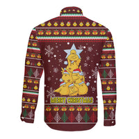 Merry Chickmas Christmas Long Sleeve Button Shirt with Yellow Chickens Tree Design and Snowflake Pattern - Wonder Print Shop