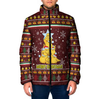Merry Chickmas Christmas Padded Jacket with Yellow Chickens Tree Design and Snowflake Pattern - Wonder Print Shop