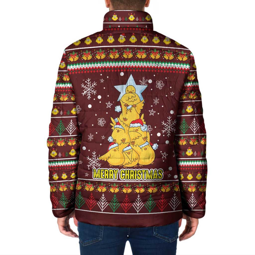 Merry Chickmas Christmas Padded Jacket with Yellow Chickens Tree Design and Snowflake Pattern - Wonder Print Shop