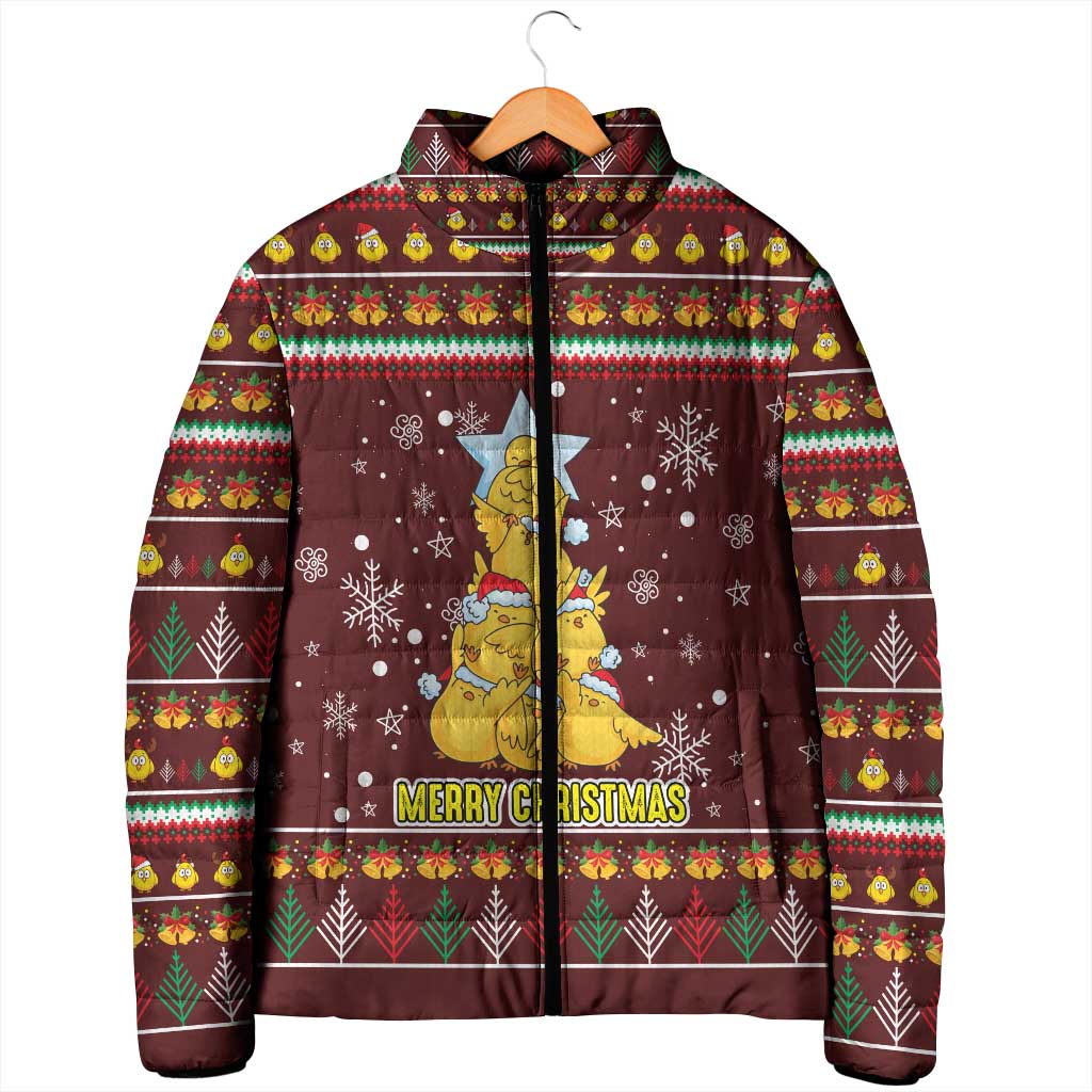 Merry Chickmas Christmas Padded Jacket with Yellow Chickens Tree Design and Snowflake Pattern - Wonder Print Shop