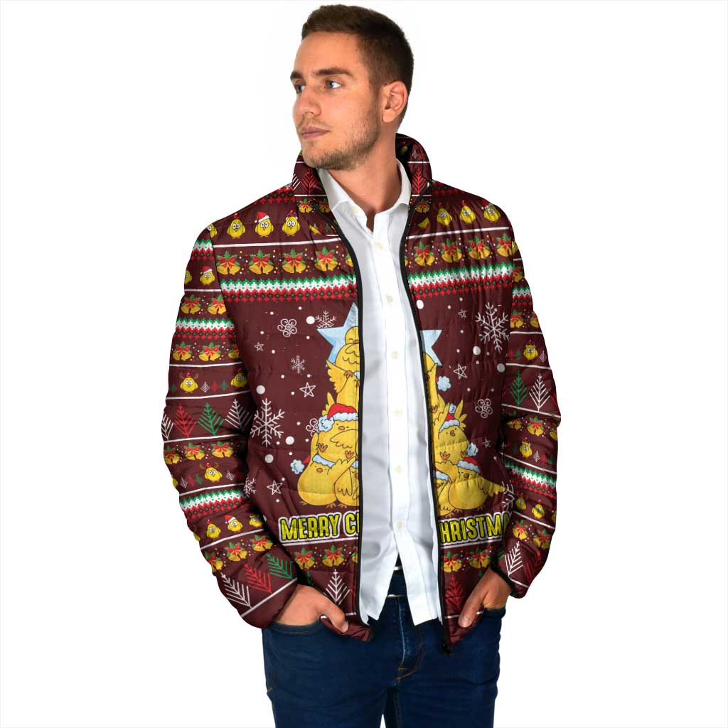 Merry Chickmas Christmas Padded Jacket with Yellow Chickens Tree Design and Snowflake Pattern - Wonder Print Shop