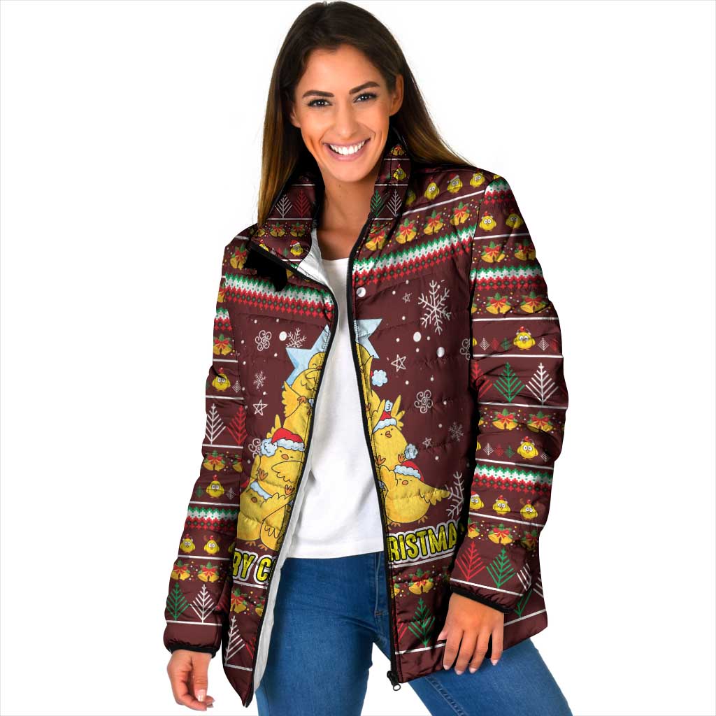 Merry Chickmas Christmas Padded Jacket with Yellow Chickens Tree Design and Snowflake Pattern - Wonder Print Shop
