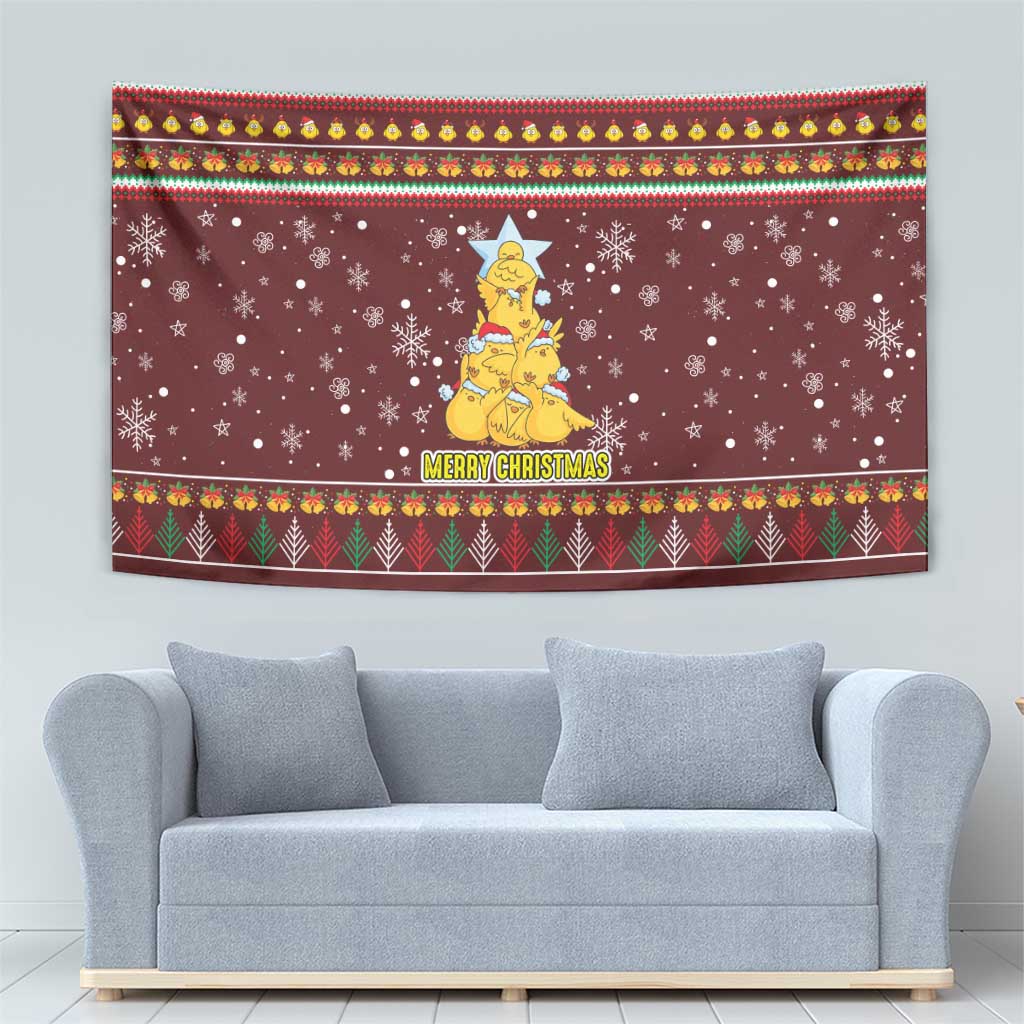 Merry Chickmas Christmas Tapestry with Yellow Chickens Tree Design and Snowflake Pattern - Wonder Print Shop