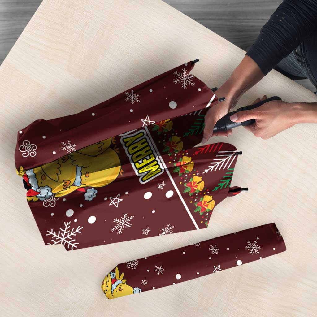 Merry Chickmas Christmas Umbrella with Yellow Chickens Tree Design and Snowflake Pattern - Wonder Print Shop