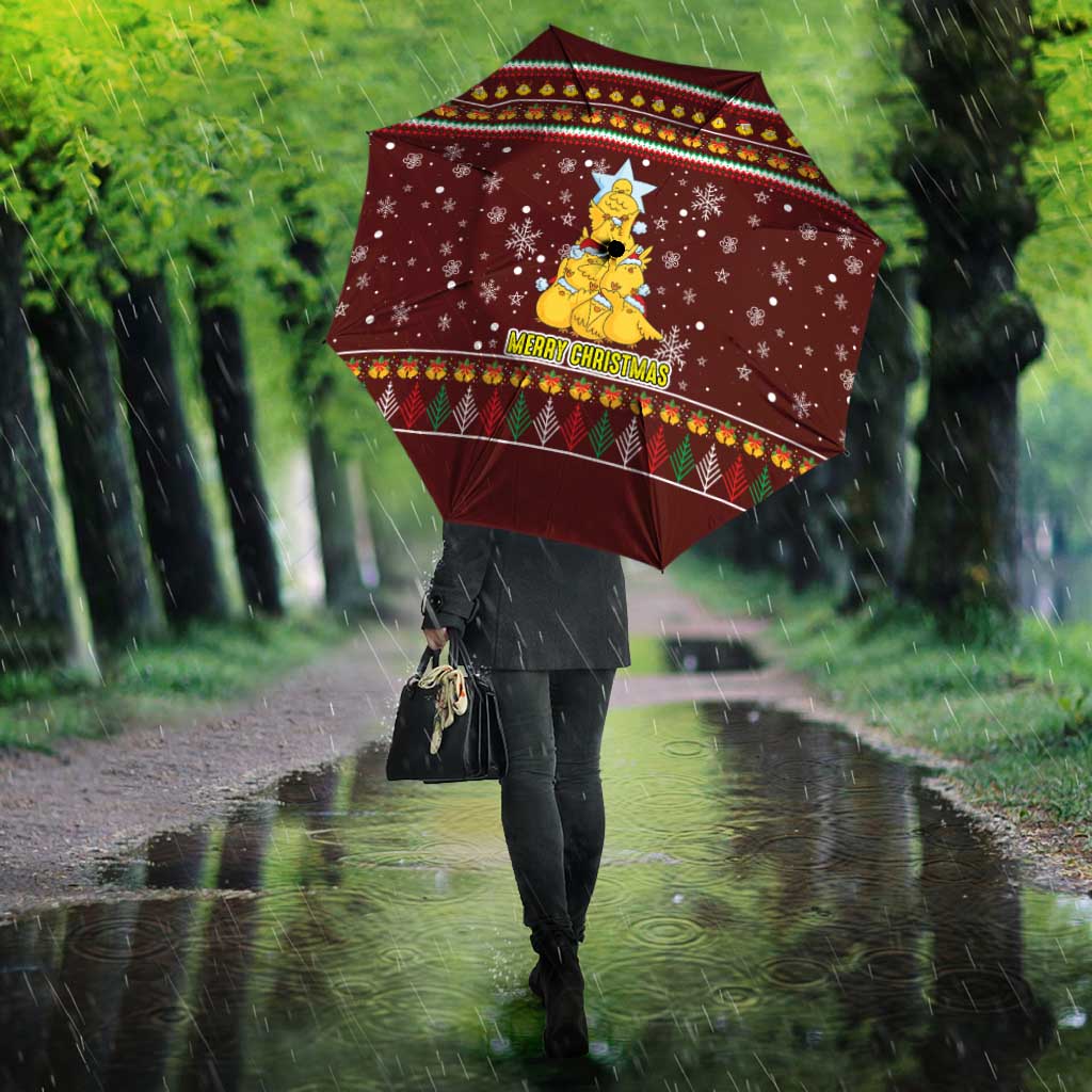 Merry Chickmas Christmas Umbrella with Yellow Chickens Tree Design and Snowflake Pattern - Wonder Print Shop