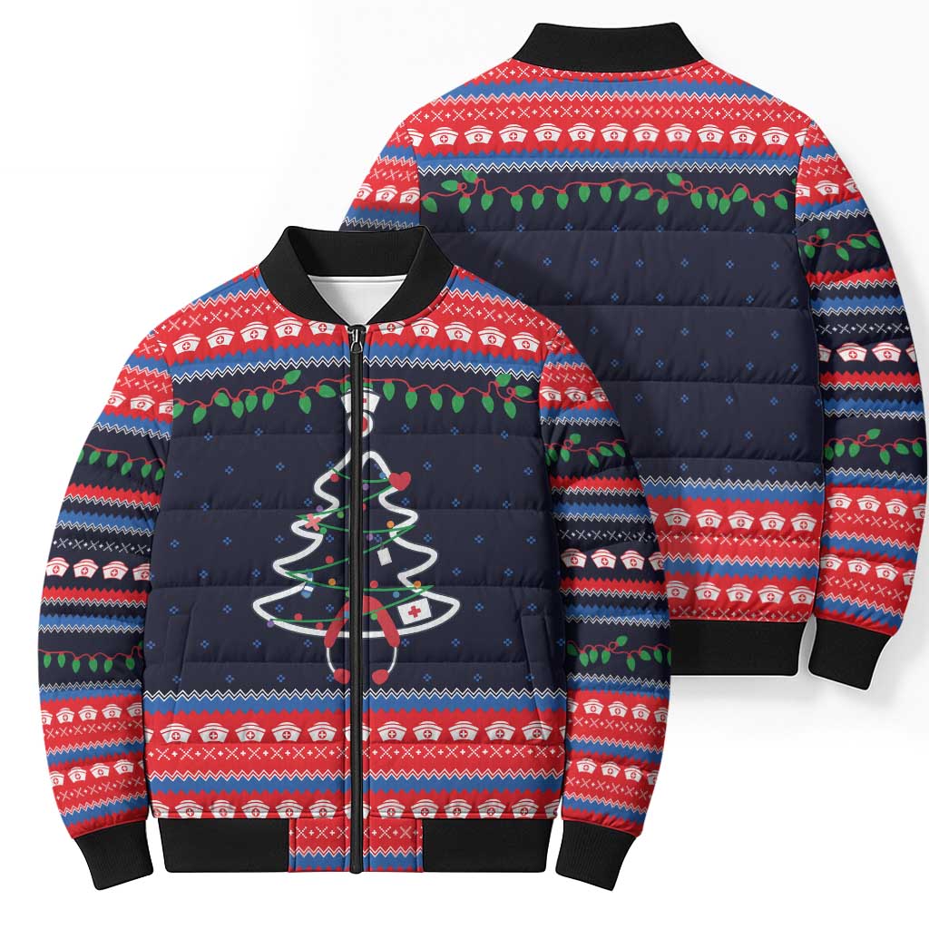 Merry Christmas Nurse Bomber Puffer Jacket Stethoscope Tree Nurses and Medical Workers - Wonder Print Shop