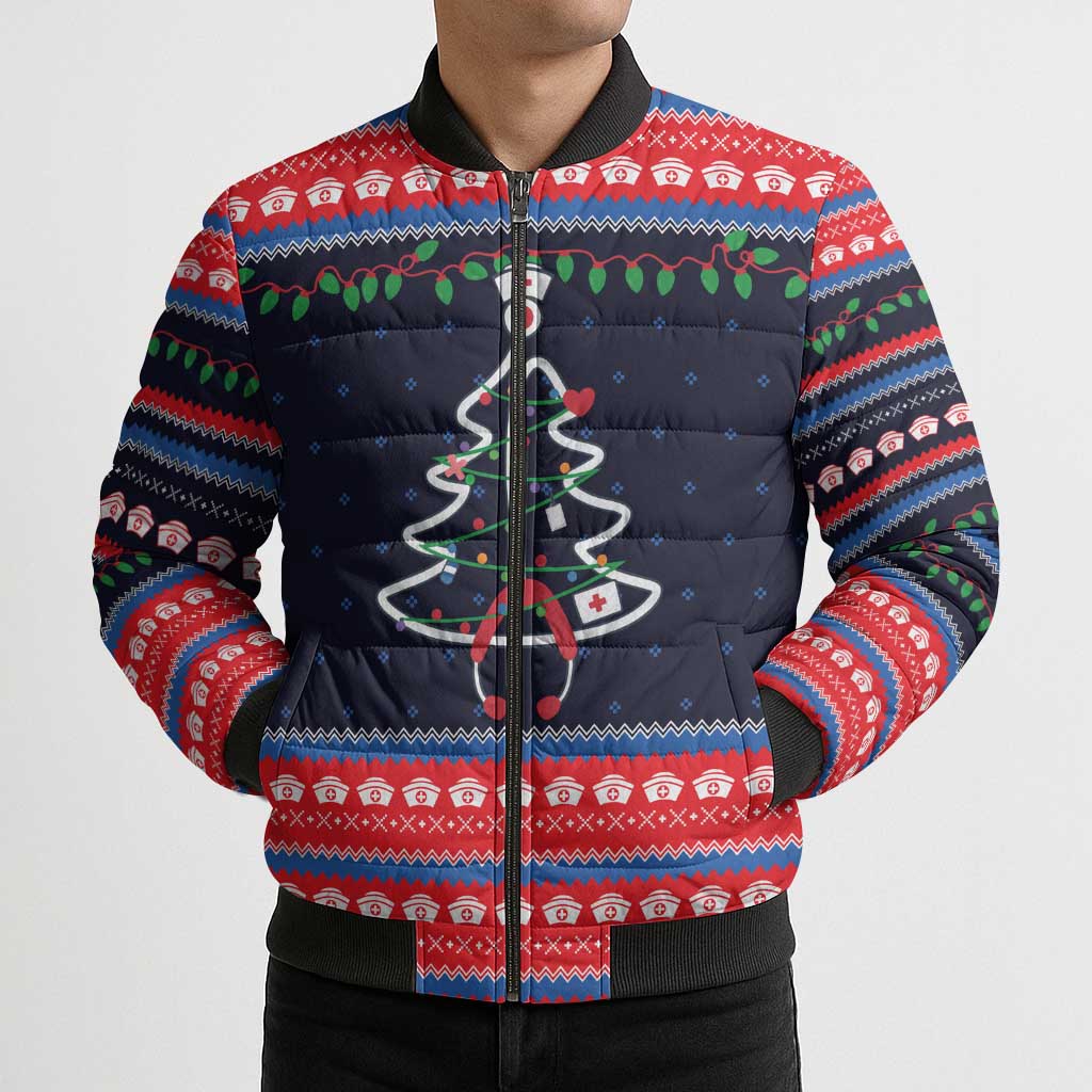 Merry Christmas Nurse Bomber Puffer Jacket Stethoscope Tree Nurses and Medical Workers - Wonder Print Shop