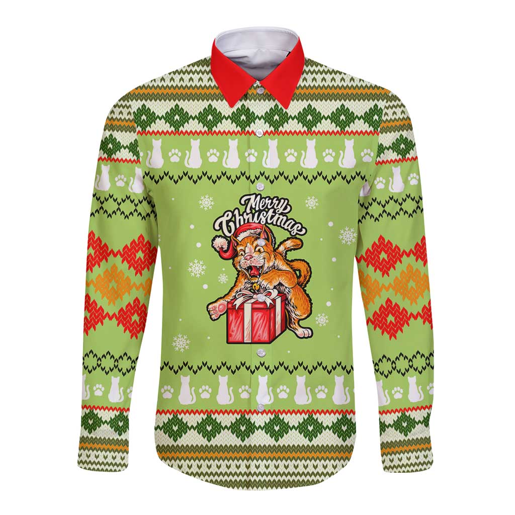 Funny Cat Merry Christmas Long Sleeve Button Shirt Xmas Holiday Patterns - Wonder Print Shop