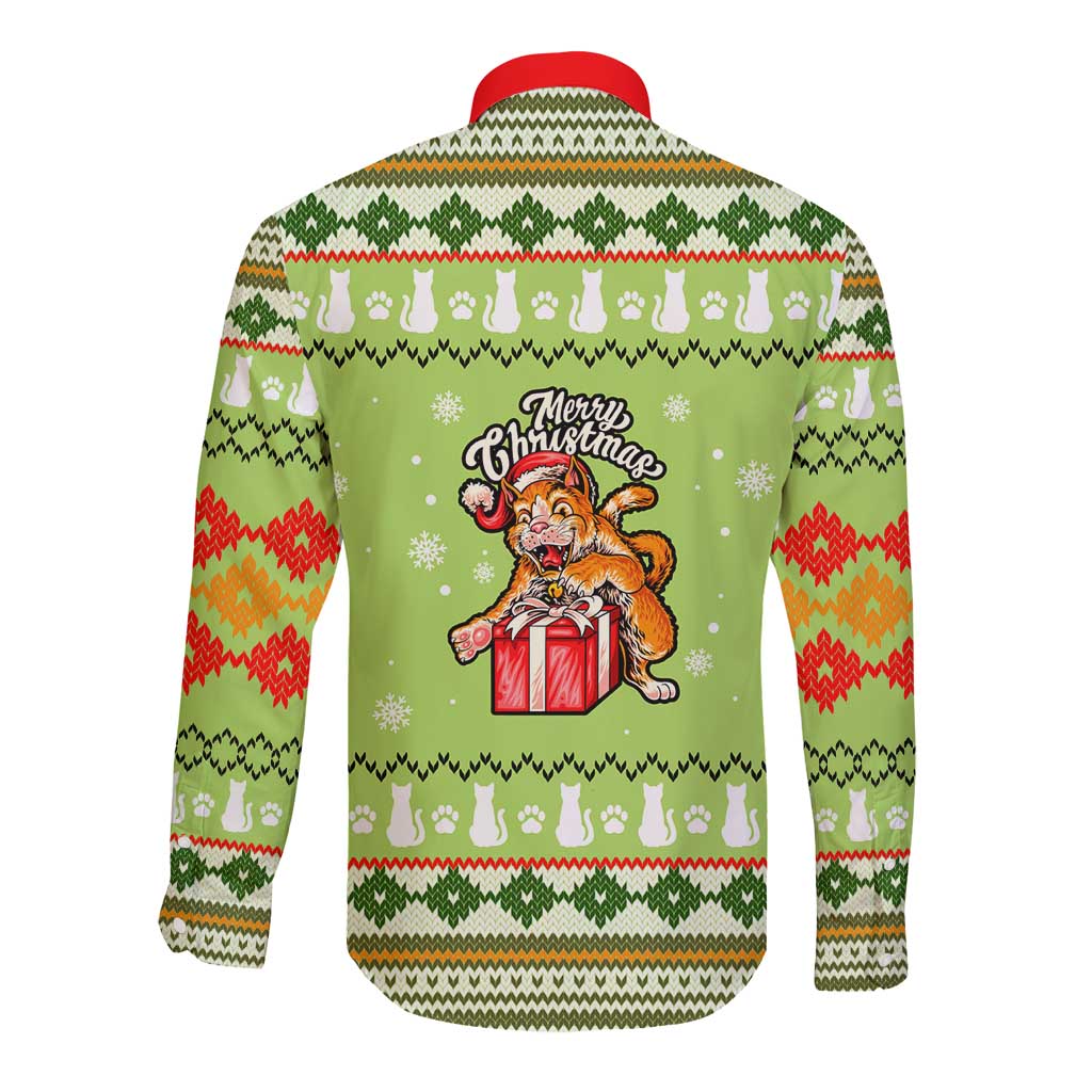 Funny Cat Merry Christmas Long Sleeve Button Shirt Xmas Holiday Patterns - Wonder Print Shop