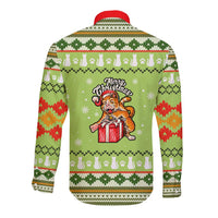 Funny Cat Merry Christmas Long Sleeve Button Shirt Xmas Holiday Patterns - Wonder Print Shop