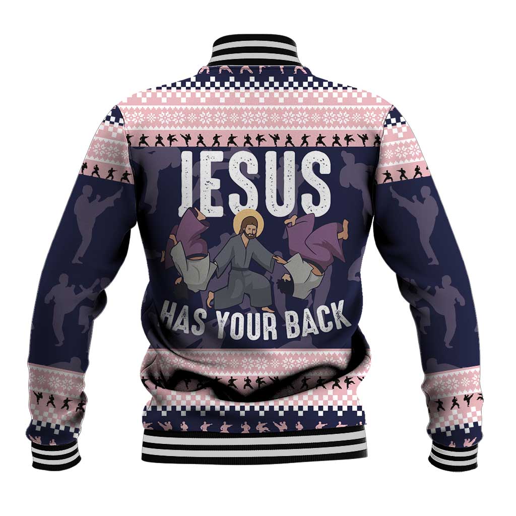 Jesus Has Your Back Jiu Jitsu Christmas Baseball Jacket Funny Xmas Holiday Patterns - Wonder Print Shop