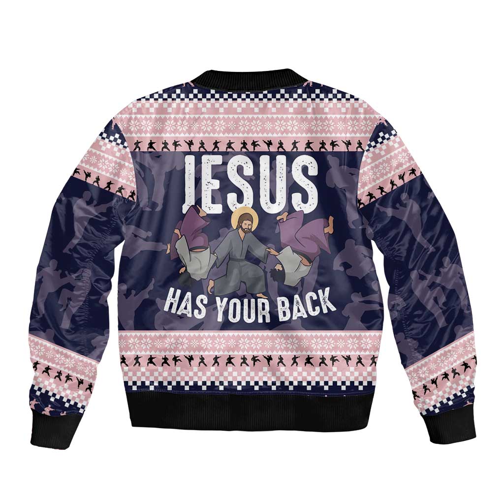 Jesus Has Your Back Jiu Jitsu Christmas Bomber Jacket Funny Xmas Holiday Patterns - Wonder Print Shop