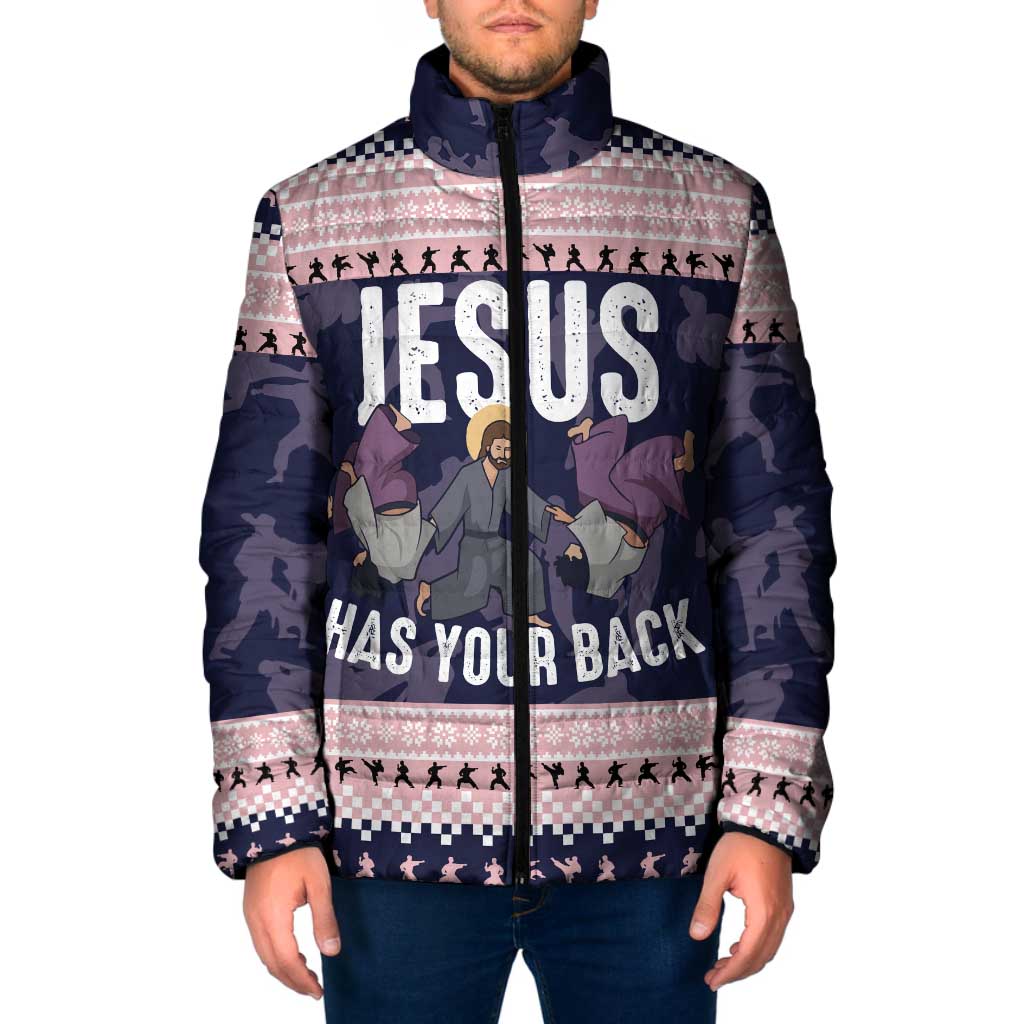 Jesus Has Your Back Jiu Jitsu Christmas Padded Jacket Funny Xmas Holiday Patterns - Wonder Print Shop